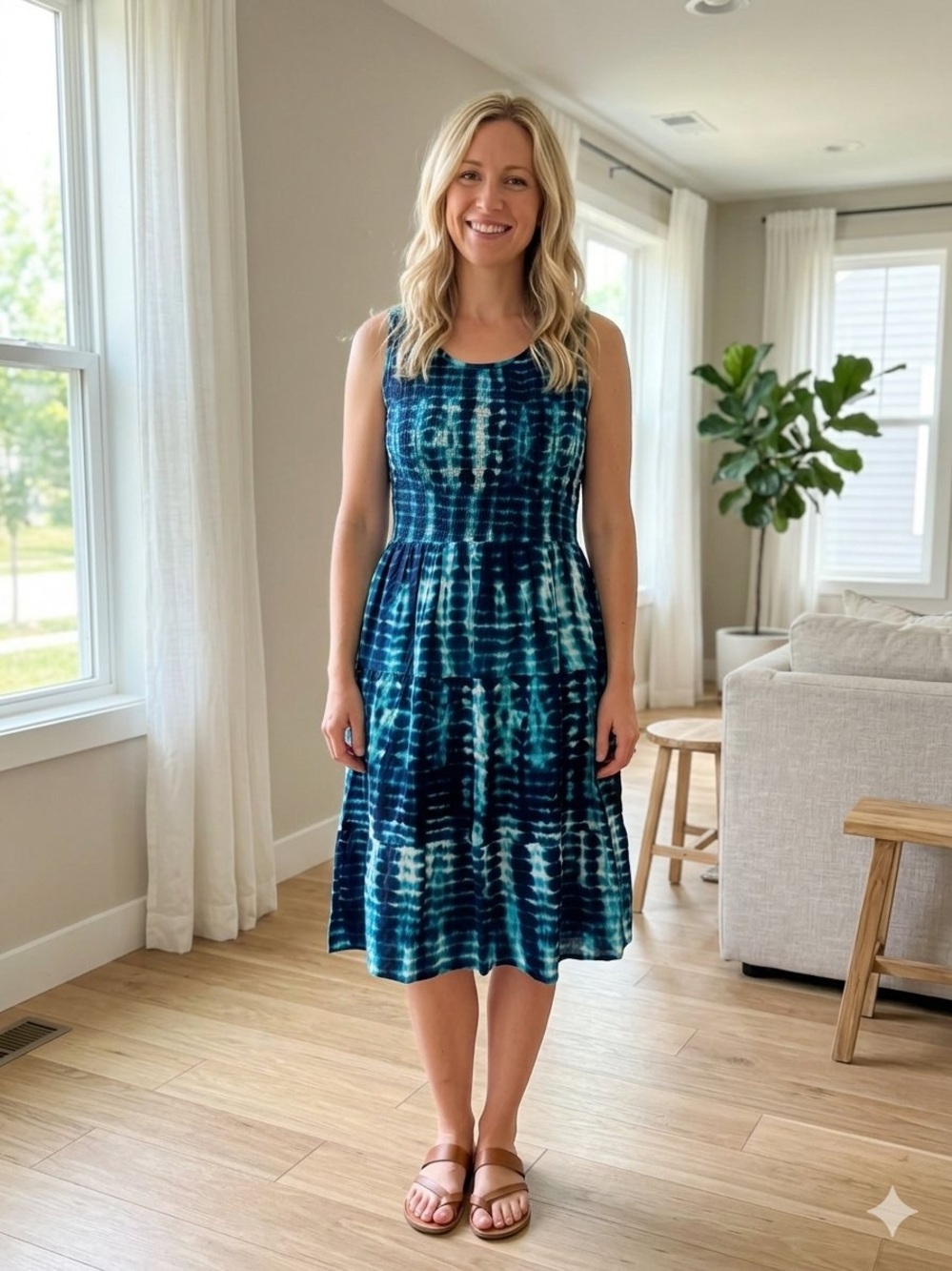 Sleeveless Tie-Dye Midi Dress in Navy and Teal